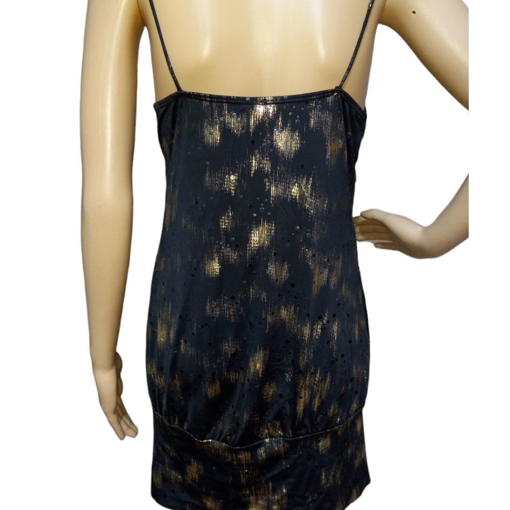 Vintage 80s Icon USA polyester spandex spaghetti strap black / gold dress, sz L - Picture 3 of 8